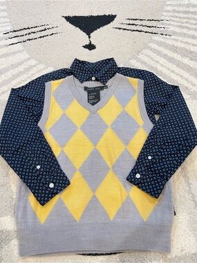 Andrew Fezza Gray and Yellow Argyle V-Neck Sweater Vest
